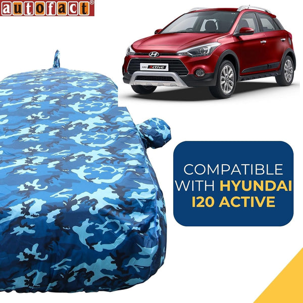 Autofact i20 Active Car Cover - TearTough - Dog Proof / Waterproof Car Body Cover for Hyundai i20 Active - With Mirror & Antenna Pockets, Triple Stitched, Bottom Fully Elastic, Adjustable Belt and Buckle (Airforce Blue 4x4)