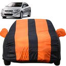 Autofact Accent Car Cover - EasyShield - Car Body Cover for Hyundai Accent - With Mirror Pockets, Triple Stitched, Bottom Fully Elastic, Adjustable Belt and Buckle (Orange Blue Stripes)