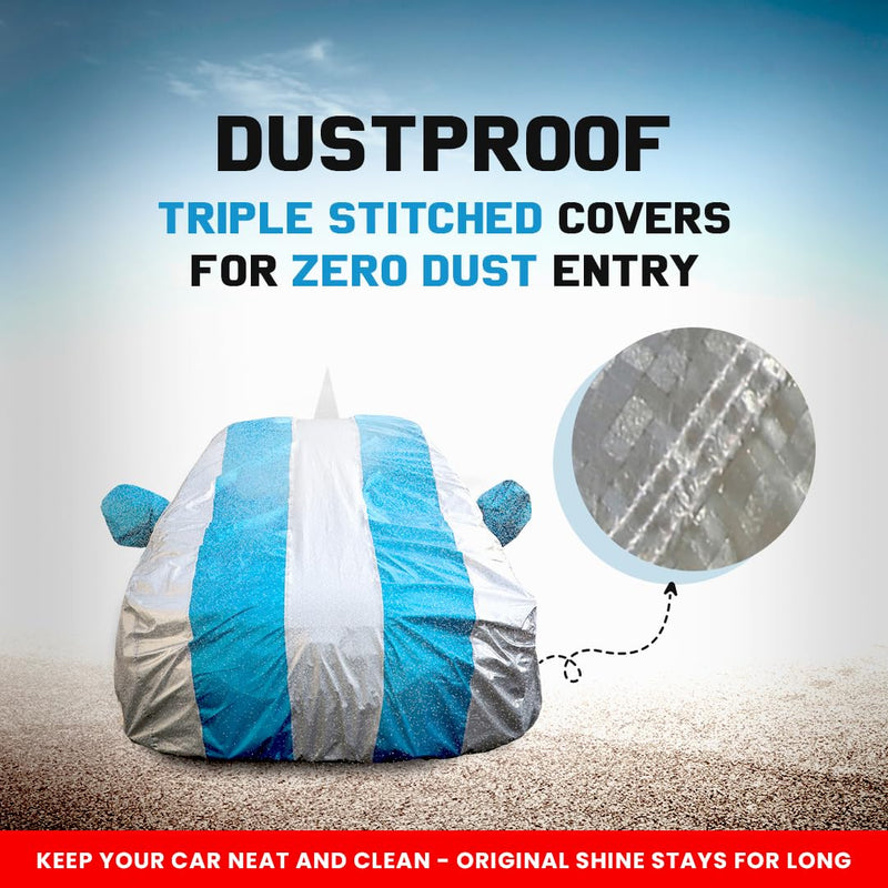 Autofact Swift Car Cover - FlexGuard - Waterproof Car Body Cover for Maruti Swift - With Mirror & Antenna Pockets, Triple Stitched, Bottom Fully Elastic, Adjustable Belt and Buckle (Silver / Blue Stripes)