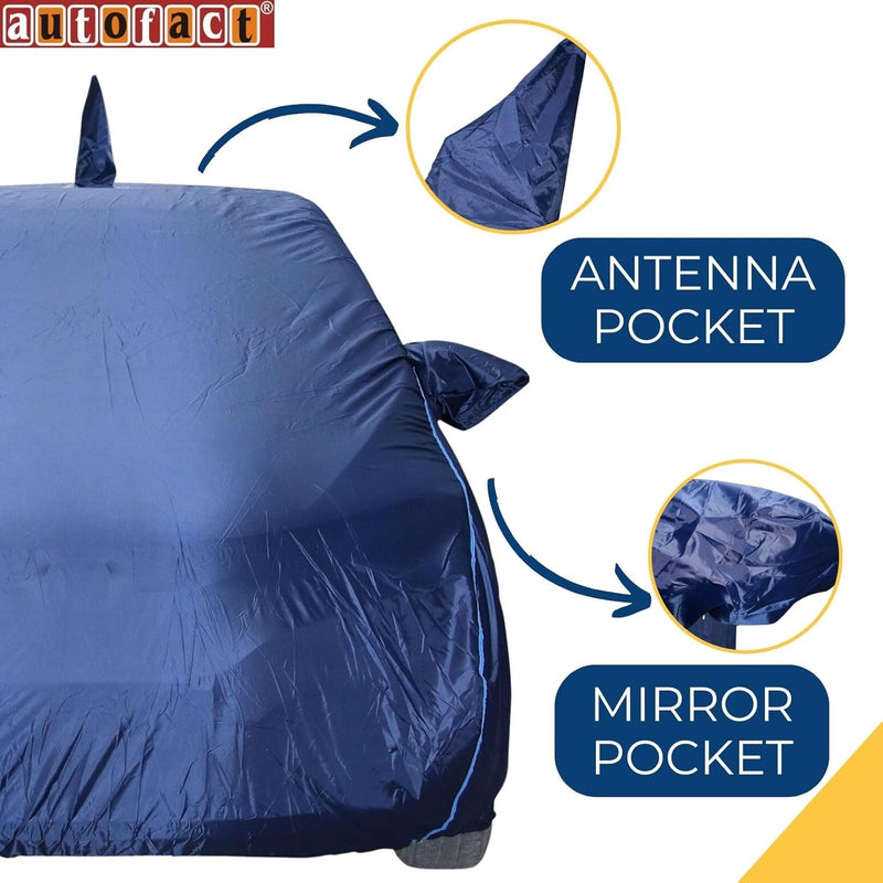 Autofact Swift Car Cover - CoreProtect - Water Resistant Car Body Cover for Maruti Swift - With Mirror & Antenna Pockets, Triple Stitched, Bottom Fully Elastic, Adjustable Belt and Buckle (Navy 210D)