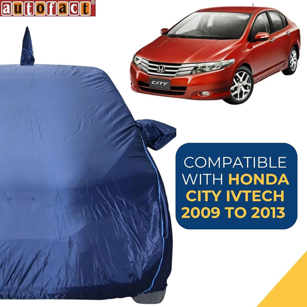 Autofact City Ivtech Car Cover - CoreProtect - Water Resistant Car Body Cover for Honda City Ivtech - With Mirror & Antenna Pockets, Triple Stitched, Bottom Fully Elastic, Adjustable Belt and Buckle (Navy 210D)