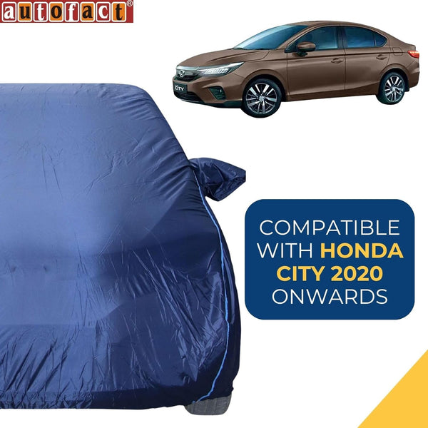 Autofact New City Car Cover - CoreProtect - Water Resistant Car Body Cover for Honda New City - With Mirror Pockets, Triple Stitched, Bottom Fully Elastic, Adjustable Belt and Buckle (Navy 210D)