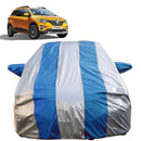 Autofact Triber Car Cover - FlexGuard - Waterproof Car Body Cover for Renaults Triber - With Mirror Pockets, Triple Stitched, Bottom Fully Elastic, Adjustable Belt and Buckle (Silver / Blue Stripes)