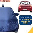 Autofact Grand I10 Nios Car Cover - CoreProtect - Water Resistant Car Body Cover for Hyundai Grand I10 Nios - With Mirror & Antenna Pockets, Triple Stitched, Bottom Fully Elastic, Adjustable Belt and Buckle (Navy 210D)