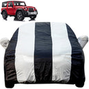 Autofact Thar Car Cover - EasyShield - Car Body Cover for Mahindra Thar - With Mirror Pockets, Triple Stitched, Bottom Fully Elastic, Adjustable Belt and Buckle (White Blue Stripes)