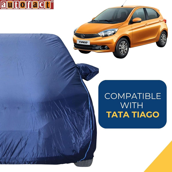Autofact Tiago Car Cover - CoreProtect - Water Resistant Car Body Cover for Tata Tiago - With Mirror Pockets, Triple Stitched, Bottom Fully Elastic, Adjustable Belt and Buckle (Navy 210D)