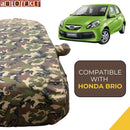 Autofact Brio Car Cover - TearTough - Dog Proof / Waterproof Car Body Cover for Honda Brio - With Mirror Pockets, Triple Stitched, Bottom Fully Elastic, Adjustable Belt and Buckle (Jungle Print 4x4)