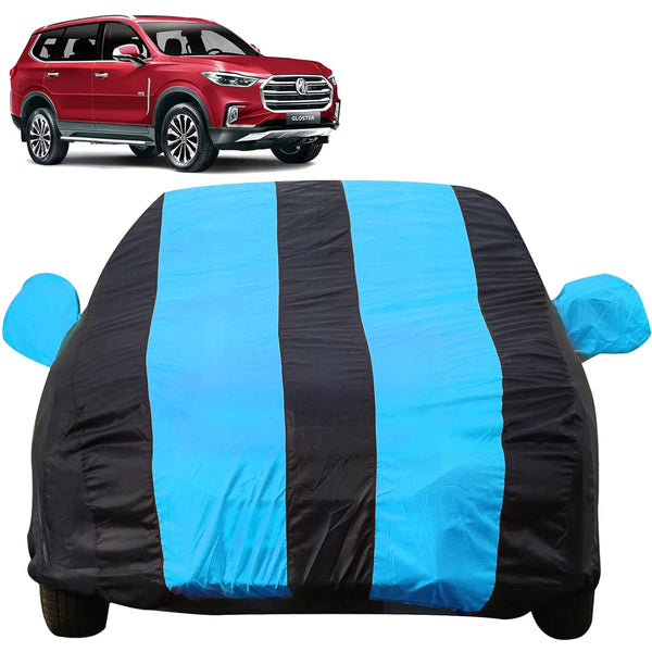 Autofact Gloster Car Cover - EasyShield - Car Body Cover for MG Gloster - With Mirror Pockets, Triple Stitched, Bottom Fully Elastic, Adjustable Belt and Buckle (Teak Blue Stripes)