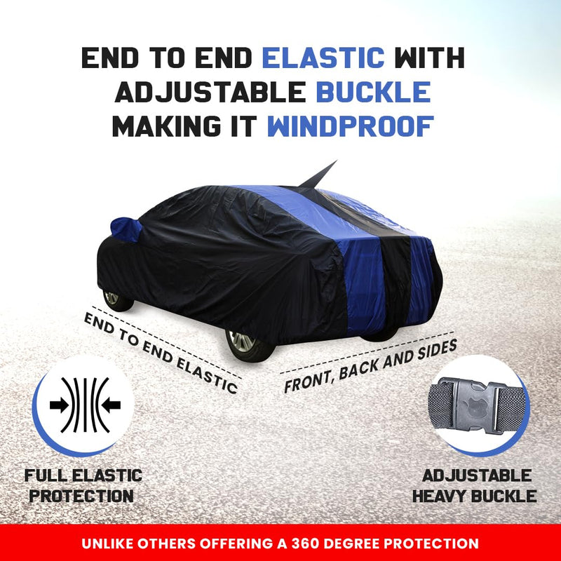 Autofact Swift Car Cover - EasyShield - Car Body Cover for Maruti Swift - With Mirror Pockets, Triple Stitched, Bottom Fully Elastic, Adjustable Belt and Buckle (Royal Blue Stripes)