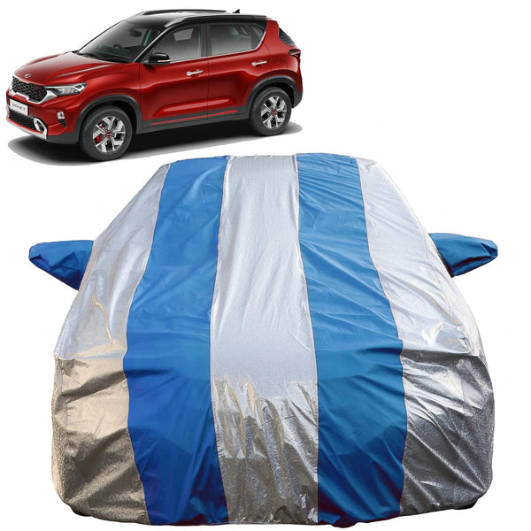 Autofact Sonet Car Cover - FlexGuard - Waterproof Car Body Cover for Kia Sonet - With Mirror Pockets, Triple Stitched, Bottom Fully Elastic, Adjustable Belt and Buckle (Silver / Blue Stripes)