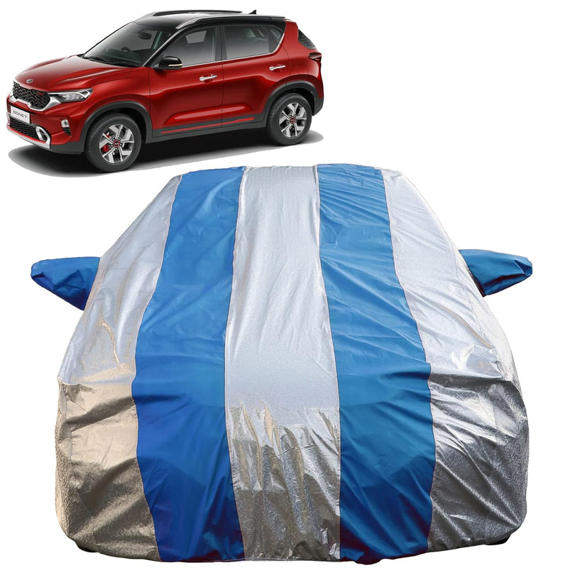Autofact Sonet Car Cover - FlexGuard - Waterproof Car Body Cover for Kia Sonet - With Mirror Pockets, Triple Stitched, Bottom Fully Elastic, Adjustable Belt and Buckle (Silver / Blue Stripes)
