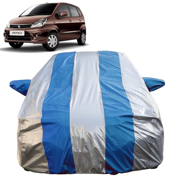 Autofact Zen Estilo Car Cover - FlexGuard - Waterproof Car Body Cover for Maruti Zen Estilo - With Mirror Pockets, Triple Stitched, Bottom Fully Elastic, Adjustable Belt and Buckle (Silver / Blue Stripes)
