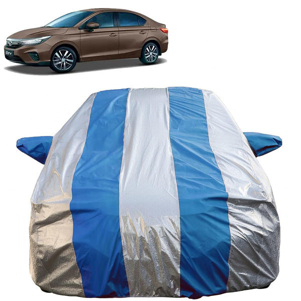 Autofact New City Car Cover - FlexGuard - Waterproof Car Body Cover for Honda New City - With Mirror Pockets, Triple Stitched, Bottom Fully Elastic, Adjustable Belt and Buckle (Silver / Blue Stripes)