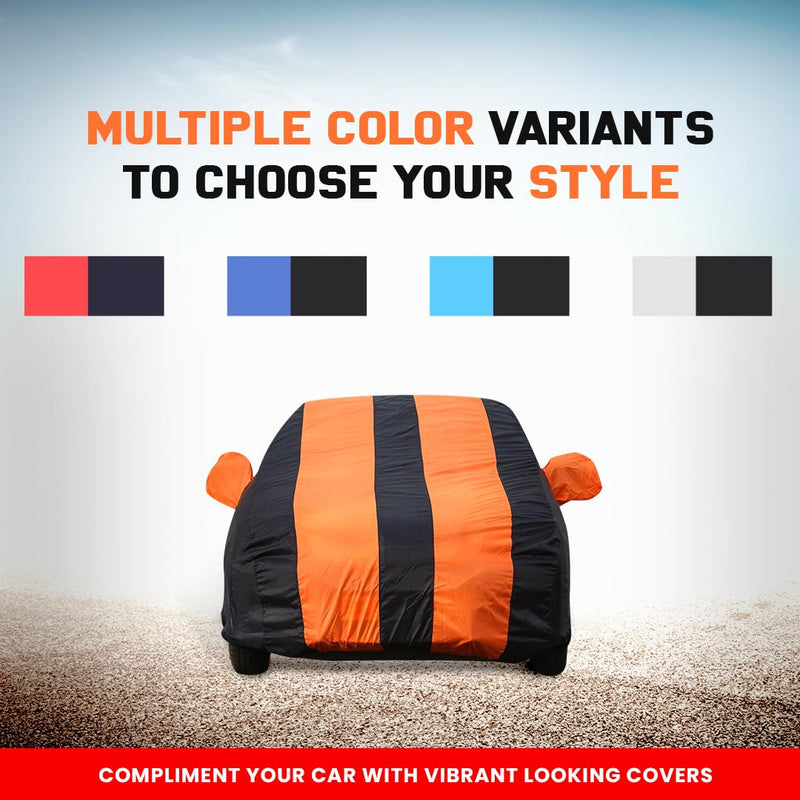 Autofact 5 Series Car Cover - EasyShield - Car Body Cover for BMW 5 Series - With Mirror Pockets, Triple Stitched, Bottom Fully Elastic, Adjustable Belt and Buckle (Orange Blue Stripes)