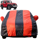 Autofact Thar Car Cover - EasyShield - Car Body Cover for Mahindra Thar - With Mirror Pockets, Triple Stitched, Bottom Fully Elastic, Adjustable Belt and Buckle (Red Blue Stripes)