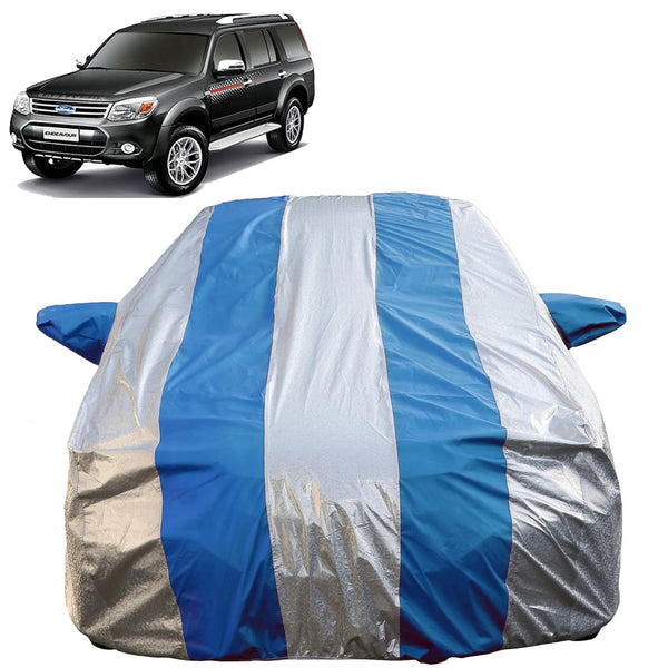 Autofact Endeavour Car Cover - FlexGuard - Waterproof Car Body Cover for Ford Endeavour - With Mirror Pockets, Triple Stitched, Bottom Fully Elastic, Adjustable Belt and Buckle (Silver / Blue Stripes)