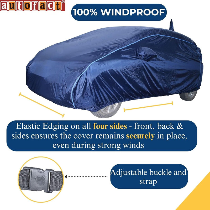 Autofact Swift Car Cover - CoreProtect - Water Resistant Car Body Cover for Maruti Swift - With Mirror & Antenna Pockets, Triple Stitched, Bottom Fully Elastic, Adjustable Belt and Buckle (Navy 210D)