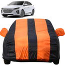 Autofact Ioniq Car Cover - EasyShield - Car Body Cover for Hyundai Ioniq - With Mirror Pockets, Triple Stitched, Bottom Fully Elastic, Adjustable Belt and Buckle (Orange Blue Stripes)