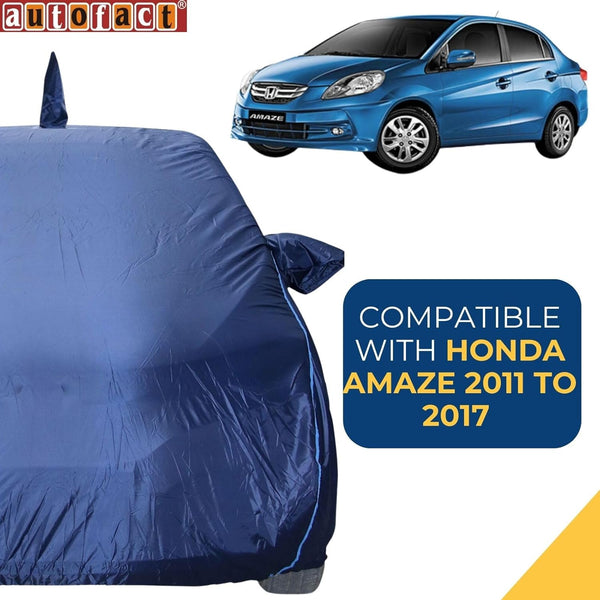 Autofact Amaze Old Model Car Cover - CoreProtect - Water Resistant Car Body Cover for Honda Amaze Old Model - With Mirror & Antenna Pockets, Triple Stitched, Bottom Fully Elastic, Adjustable Belt and Buckle (Navy 210D)