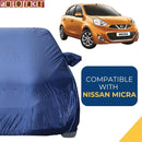 Autofact Micra Car Cover - CoreProtect - Water Resistant Car Body Cover for Nissan Micra - With Mirror Pockets, Triple Stitched, Bottom Fully Elastic, Adjustable Belt and Buckle (Navy 210D)