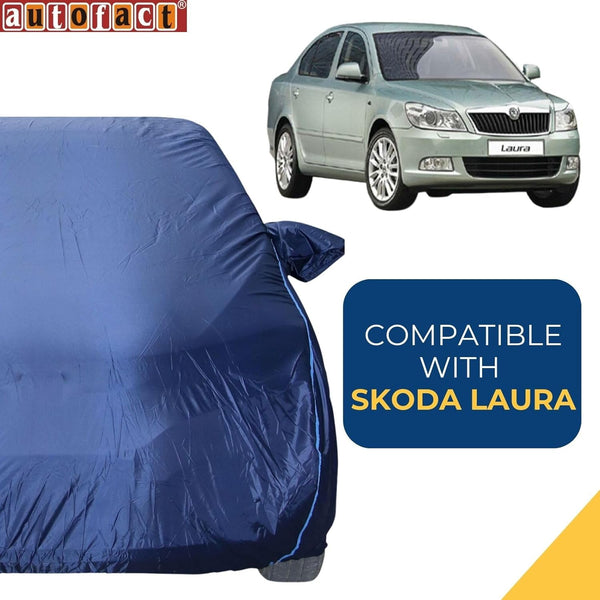 Autofact Laura Car Cover - CoreProtect - Water Resistant Car Body Cover for Skoda Laura - With Mirror Pockets, Triple Stitched, Bottom Fully Elastic, Adjustable Belt and Buckle (Navy 210D)
