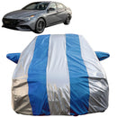 Autofact New Verna Car Cover - FlexGuard - Waterproof Car Body Cover for Hyundai New Verna - With Mirror Pockets, Triple Stitched, Bottom Fully Elastic, Adjustable Belt and Buckle (Silver / Blue Stripes)