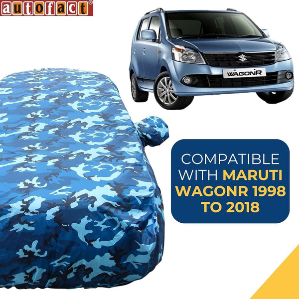 Autofact Wagon r / Wagonr Car Cover - TearTough - Dog Proof / Waterproof Car Body Cover for Maruti Wagon r / Wagonr - With Mirror Pockets, Triple Stitched, Bottom Fully Elastic, Adjustable Belt and Buckle (Airforce Blue 4x4)