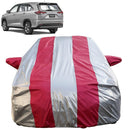 Autofact Innova Hycross Car Cover - FlexGuard - Waterproof Car Body Cover for Toyota Innova Hycross - With Mirror Pockets, Triple Stitched, Bottom Fully Elastic, Adjustable Belt and Buckle (Silver / Pink Stripes)