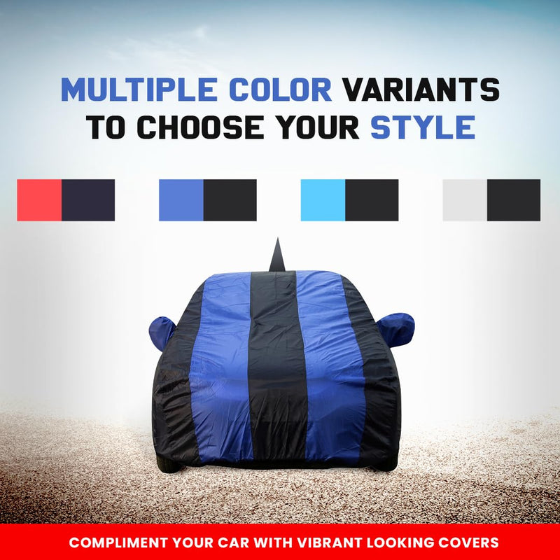 Autofact Swift Car Cover - EasyShield - Car Body Cover for Maruti Swift - With Mirror Pockets, Triple Stitched, Bottom Fully Elastic, Adjustable Belt and Buckle (Royal Blue Stripes)