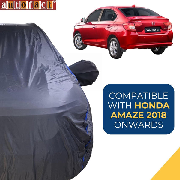Autofact Amaze New Model Car Cover - CoreProtect - Water Resistant Car Body Cover for Honda Amaze New Model - With Mirror Pockets, Triple Stitched, Bottom Fully Elastic, Adjustable Belt and Buckle (Grey 210D)