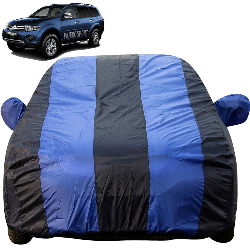 Autofact Pajero Car Cover - EasyShield - Car Body Cover for Mitsubishi Pajero - With Mirror Pockets, Triple Stitched, Bottom Fully Elastic, Adjustable Belt and Buckle (Royal Blue Stripes)