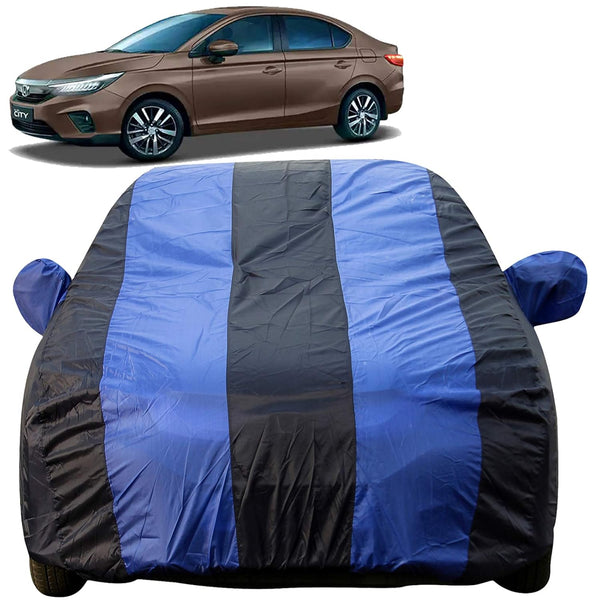 Autofact New City Car Cover - EasyShield - Car Body Cover for Honda New City - With Mirror Pockets, Triple Stitched, Bottom Fully Elastic, Adjustable Belt and Buckle (Royal Blue Stripes)
