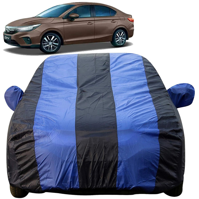 Autofact New City Car Cover - EasyShield - Car Body Cover for Honda New City - With Mirror Pockets, Triple Stitched, Bottom Fully Elastic, Adjustable Belt and Buckle (Royal Blue Stripes)