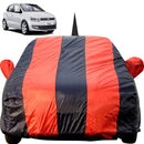 Autofact Polo Car Cover - EasyShield - Car Body Cover for Volkswagen Polo - With Mirror Pockets, Triple Stitched, Bottom Fully Elastic, Adjustable Belt and Buckle (Red Blue Stripes)