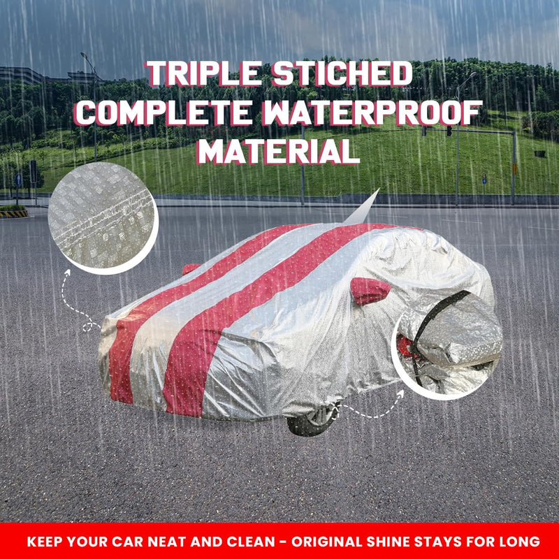 Autofact Swift Car Cover - FlexGuard - Waterproof Car Body Cover for Maruti Swift - With Mirror & Antenna Pockets, Triple Stitched, Bottom Fully Elastic, Adjustable Belt and Buckle (Silver / Pink Stripes)