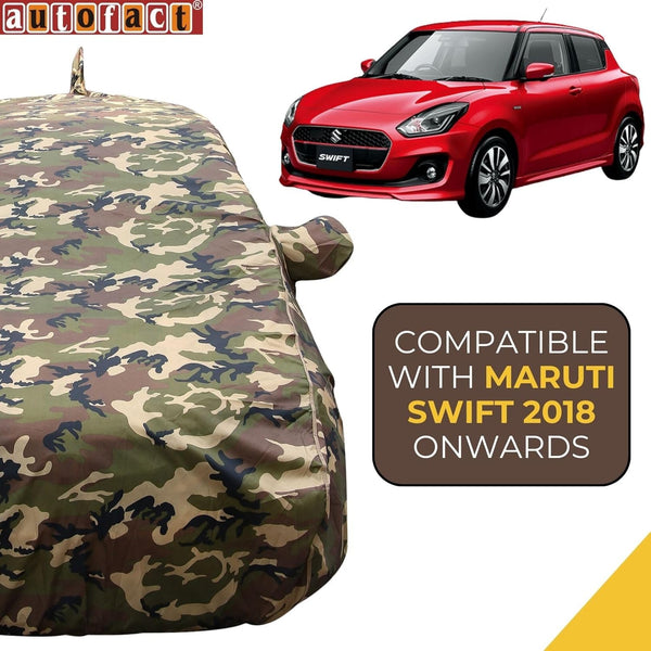 Autofact Swift Car Cover - TearTough - Dog Proof / Waterproof Car Body Cover for Maruti Swift - With Mirror & Antenna Pockets, Triple Stitched, Bottom Fully Elastic, Adjustable Belt and Buckle (Jungle Print 4x4)