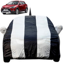 Autofact i20 Active Car Cover - EasyShield - Car Body Cover for Hyundai i20 Active - With Mirror Pockets, Triple Stitched, Bottom Fully Elastic, Adjustable Belt and Buckle (White Blue Stripes)