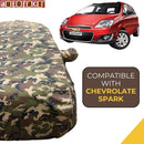 Autofact Spark Car Cover - TearTough - Dog Proof / Waterproof Car Body Cover for Chevrolet Spark - With Mirror Pockets, Triple Stitched, Bottom Fully Elastic, Adjustable Belt and Buckle (Jungle Print 4x4)