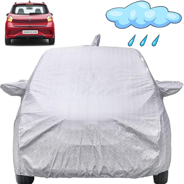 Autofact Grand I10 Nios Car Cover - FlexGuard - Waterproof Car Body Cover for Hyundai Grand I10 Nios - With Mirror & Antenna Pockets, Triple Stitched, Bottom Fully Elastic, Adjustable Belt and Buckle (Silver)