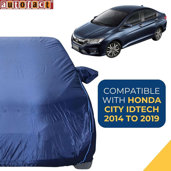 Autofact City Idtech Car Cover - CoreProtect - Water Resistant Car Body Cover for Honda City Idtech - With Mirror Pockets, Triple Stitched, Bottom Fully Elastic, Adjustable Belt and Buckle (Navy 210D)