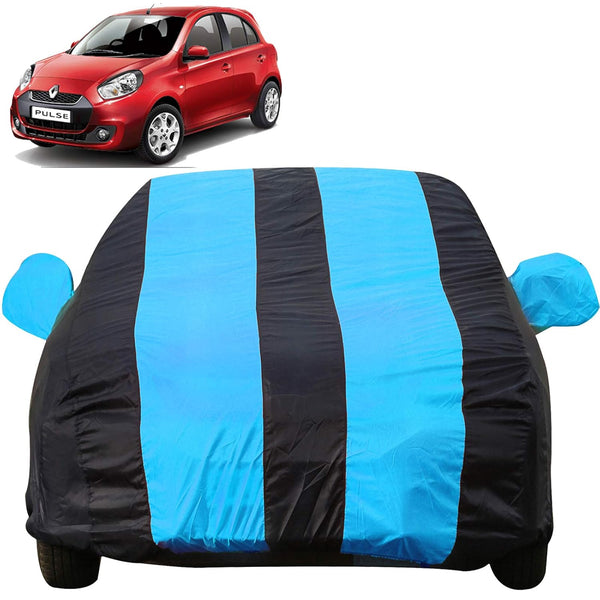 Autofact Pulse Car Cover - EasyShield - Car Body Cover for Renaults Pulse - With Mirror Pockets, Triple Stitched, Bottom Fully Elastic, Adjustable Belt and Buckle (Teak Blue Stripes)