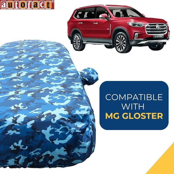 Autofact Gloster Car Cover - TearTough - Dog Proof / Waterproof Car Body Cover for MG Gloster - With Mirror Pockets, Triple Stitched, Bottom Fully Elastic, Adjustable Belt and Buckle (Airforce Blue 4x4)