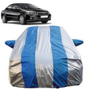 Autofact Linea Car Cover - FlexGuard - Waterproof Car Body Cover for Fiat Linea - With Mirror Pockets, Triple Stitched, Bottom Fully Elastic, Adjustable Belt and Buckle (Silver / Blue Stripes)