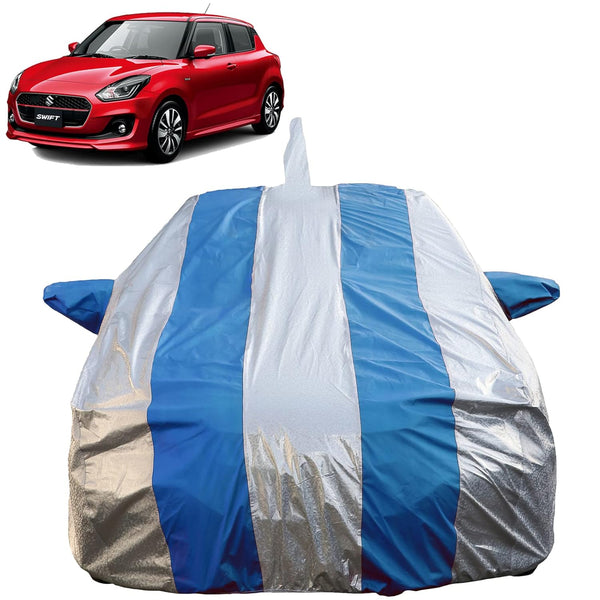 Autofact Swift Car Cover - FlexGuard - Waterproof Car Body Cover for Maruti Swift - With Mirror & Antenna Pockets, Triple Stitched, Bottom Fully Elastic, Adjustable Belt and Buckle (Silver / Blue Stripes)