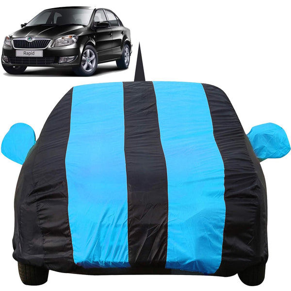 Autofact Rapid Car Cover - EasyShield - Car Body Cover for Skoda Rapid - With Mirror Pockets, Triple Stitched, Bottom Fully Elastic, Adjustable Belt and Buckle (Teak Blue Stripes)
