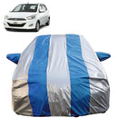Autofact i10 Car Cover - FlexGuard - Waterproof Car Body Cover for Hyundai i10 - With Mirror Pockets, Triple Stitched, Bottom Fully Elastic, Adjustable Belt and Buckle (Silver / Blue Stripes)