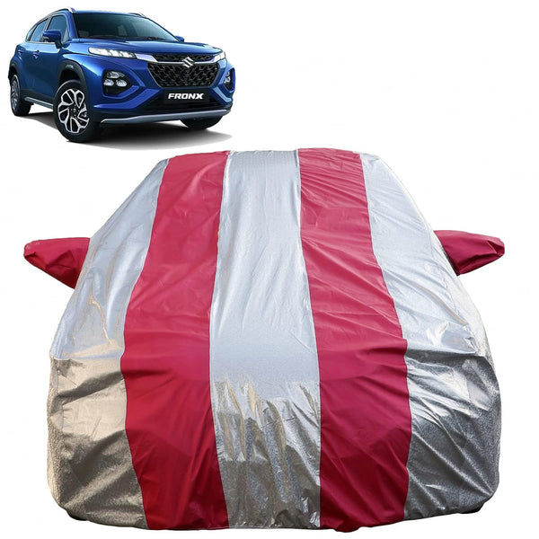 Autofact Fronx Car Cover - FlexGuard - Waterproof Car Body Cover for Maruti Fronx - With Mirror Pockets, Triple Stitched, Bottom Fully Elastic, Adjustable Belt and Buckle (Silver / Pink Stripes)