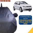 Autofact Polo Car Cover - CoreProtect - Water Resistant Car Body Cover for Volkswagen Polo - With Mirror & Antenna Pockets, Triple Stitched, Bottom Fully Elastic, Adjustable Belt and Buckle (Grey 210D)