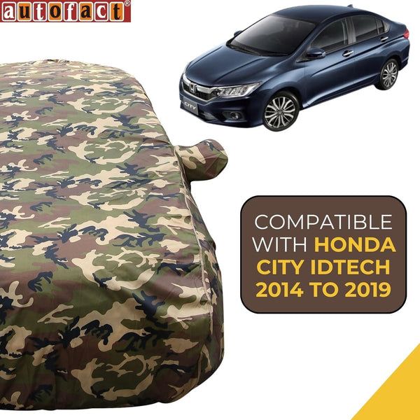 Autofact City Idtech Car Cover - TearTough - Dog Proof / Waterproof Car Body Cover for Honda City Idtech - With Mirror Pockets, Triple Stitched, Bottom Fully Elastic, Adjustable Belt and Buckle (Jungle Print 4x4)