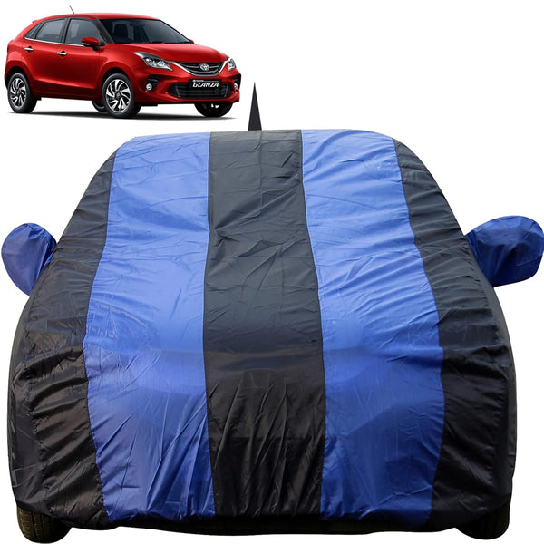 Autofact Glanza Car Cover - EasyShield - Car Body Cover for Toyota Glanza - With Mirror Pockets, Triple Stitched, Bottom Fully Elastic, Adjustable Belt and Buckle (Royal Blue Stripes)